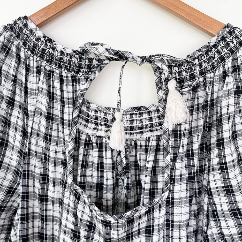 Old Navy Puff-Sleeve Plaid Smocked Midi Swing Dress MT Medium Tall Black Plaid - Picture 8 of 12
